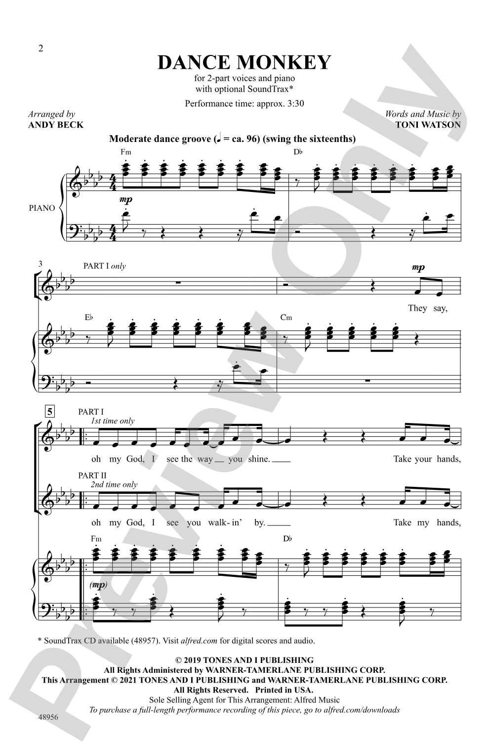 Dance Monkey: 2-Part Choral Octavo