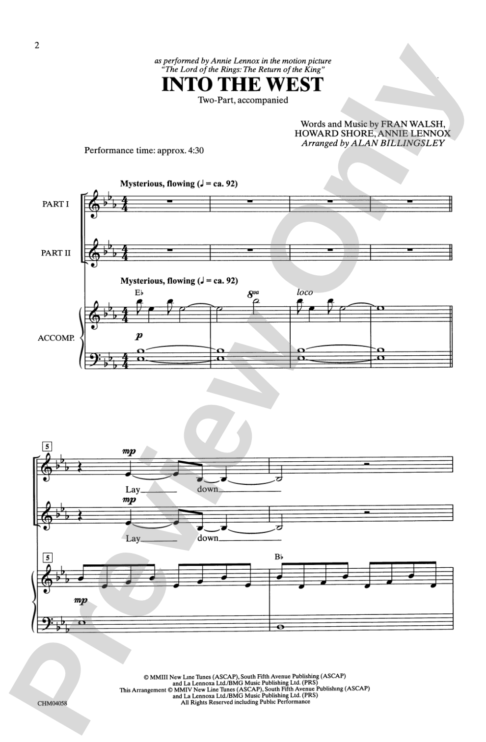 Into the West (from <I>The Lord of the Rings: The Return of the King</I>): 2-Part Choral Octavo