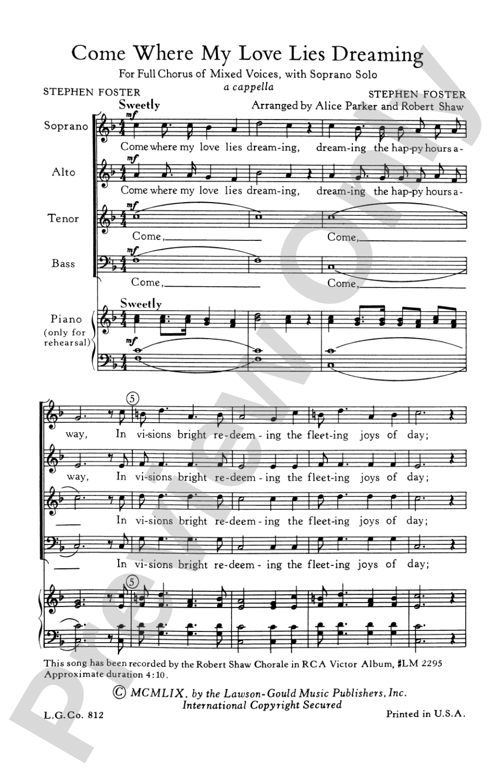 Come Where My Love Lies Dreaming: SATB Choral Octavo