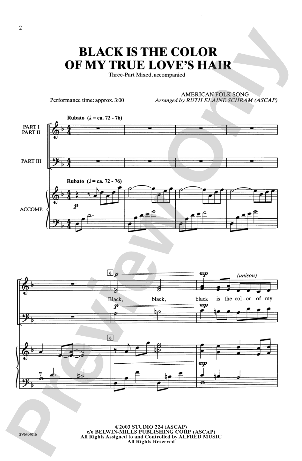 Black Is the Color of My True Love's Hair: 3-Part Mixed Choral Octavo