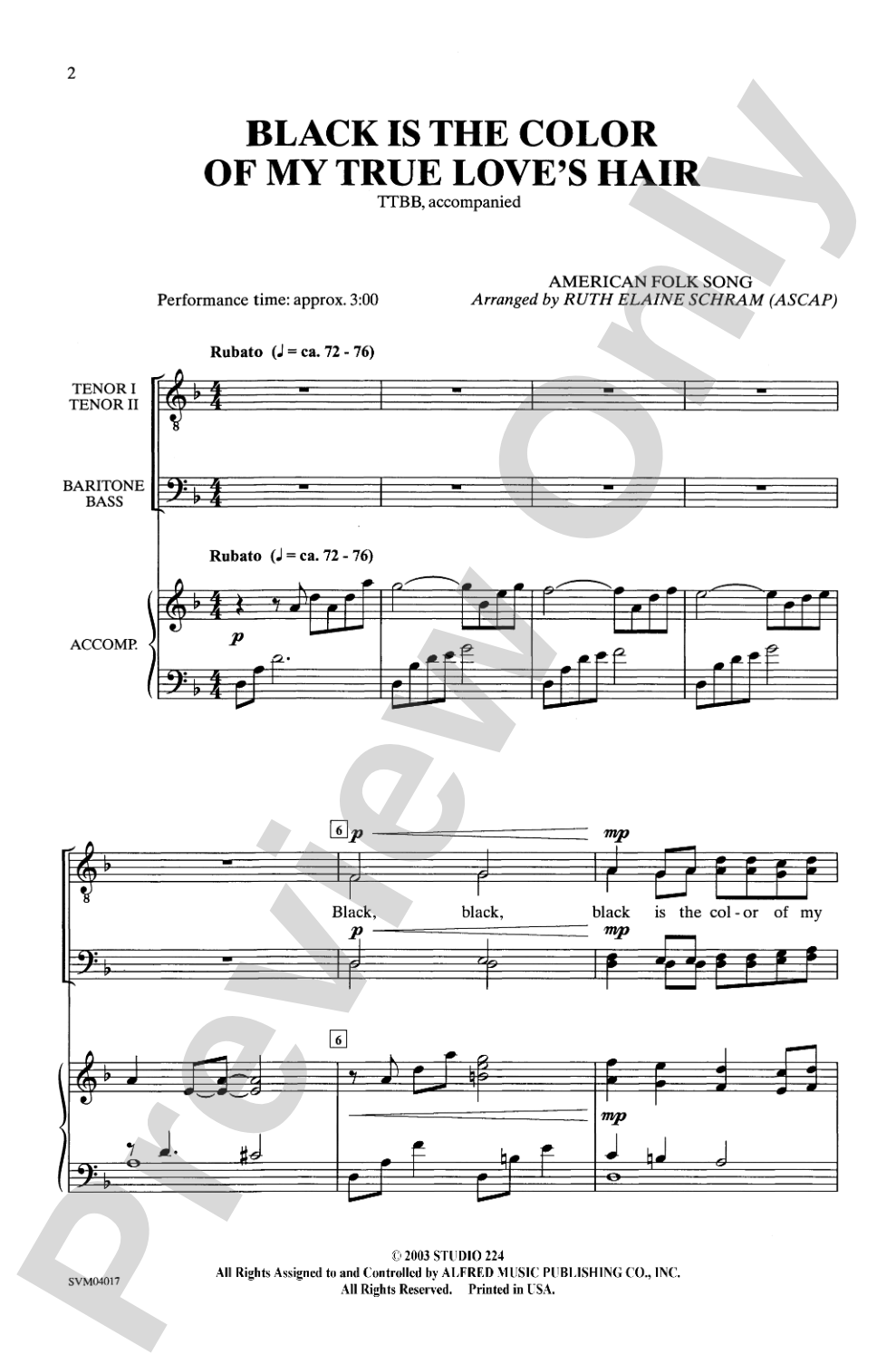 Black Is the Color of My True Love's Hair: TTBB Choral Octavo