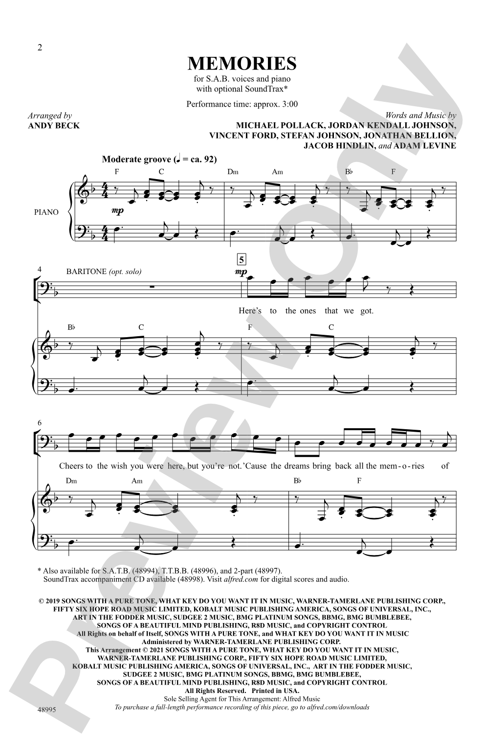 Memories: SAB Choral Octavo