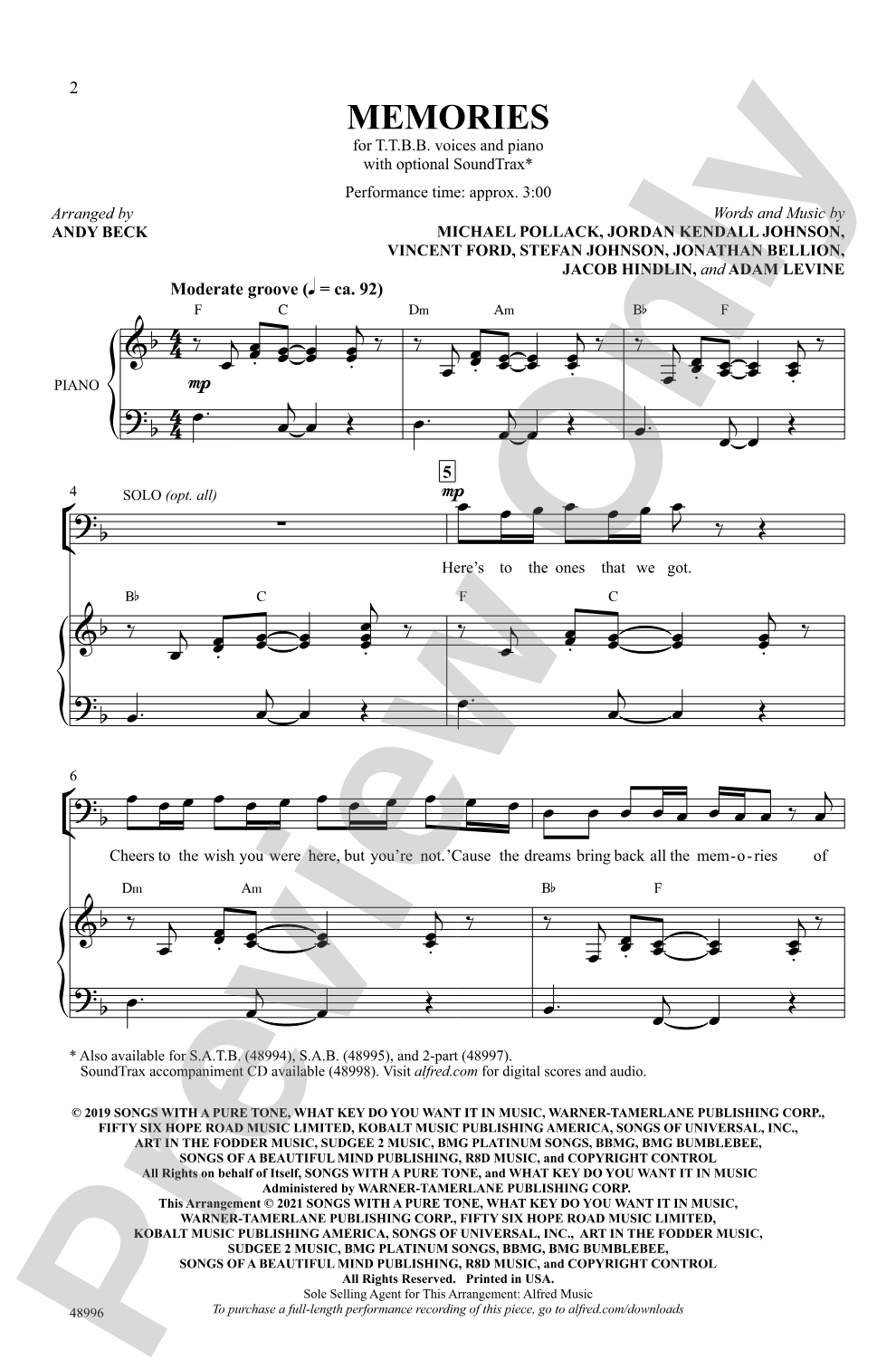 Memories: TTBB Choral Octavo