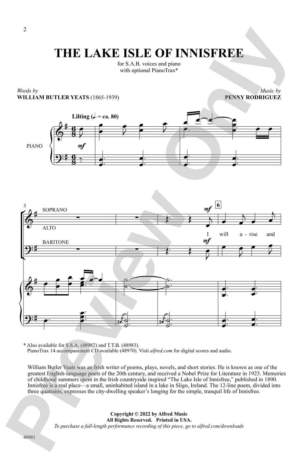 The Lake Isle of Innisfree: SAB Choral Octavo