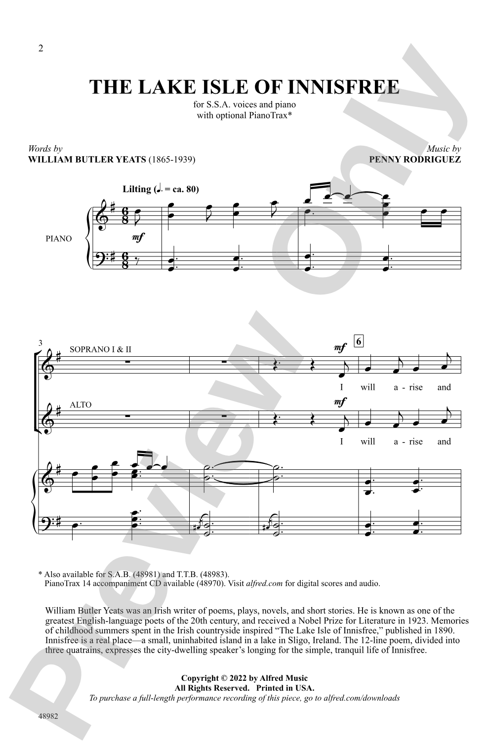 The Lake Isle of Innisfree: SSA Choral Octavo