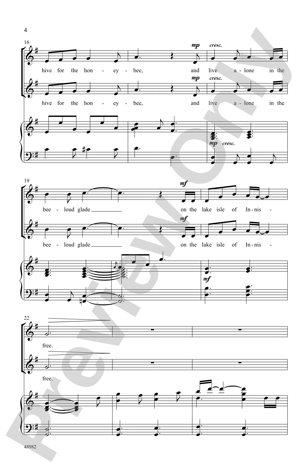 The Lake Isle of Innisfree: SSA Choral Octavo