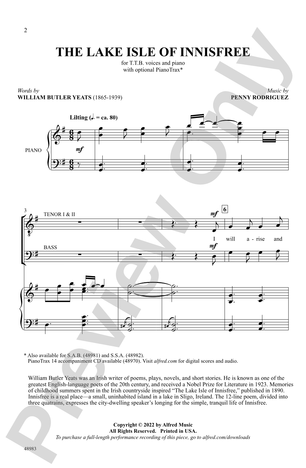 The Lake Isle of Innisfree: TTB Choral Octavo
