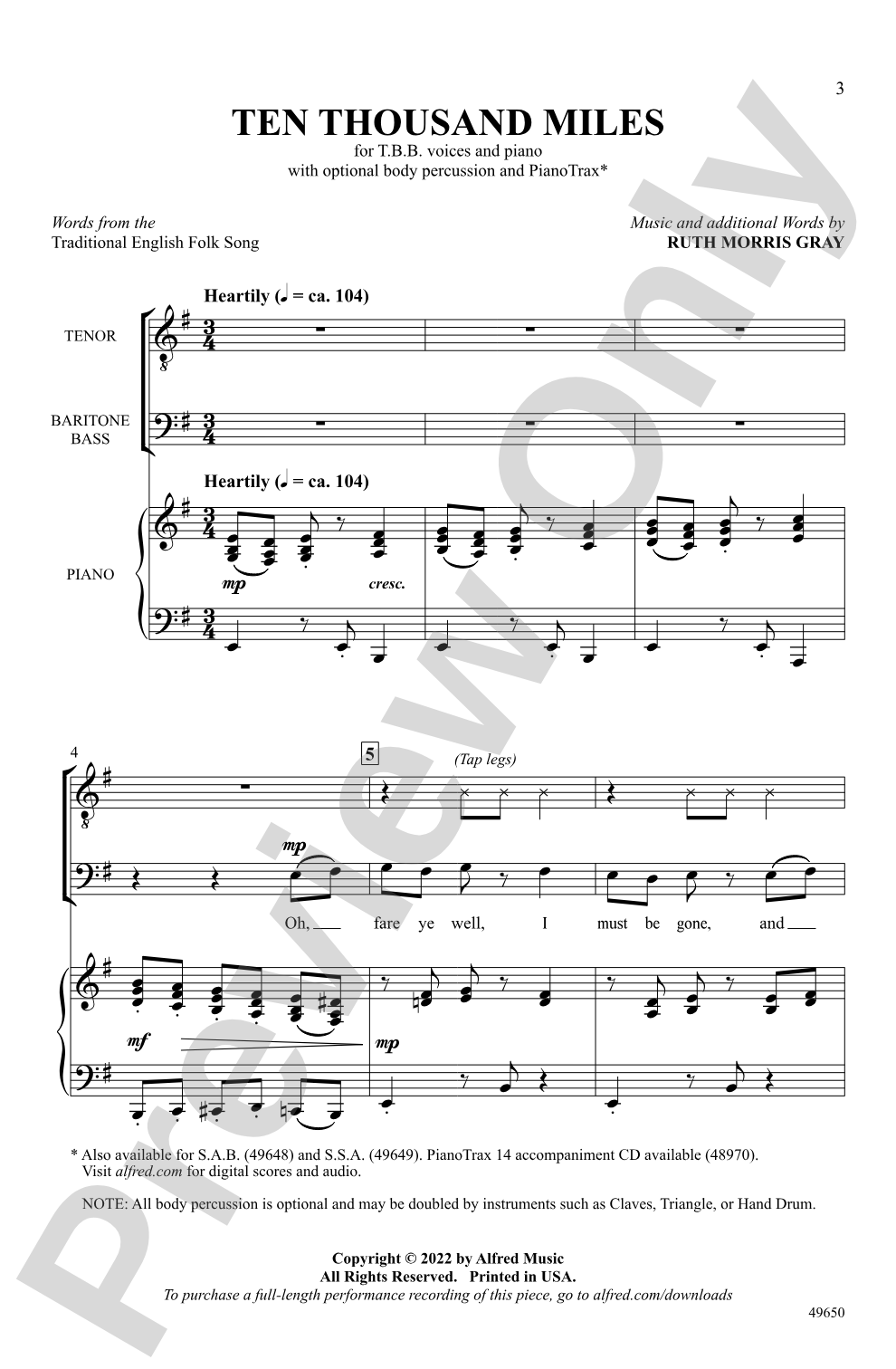 Ten Thousand Miles: TBB Choral Octavo