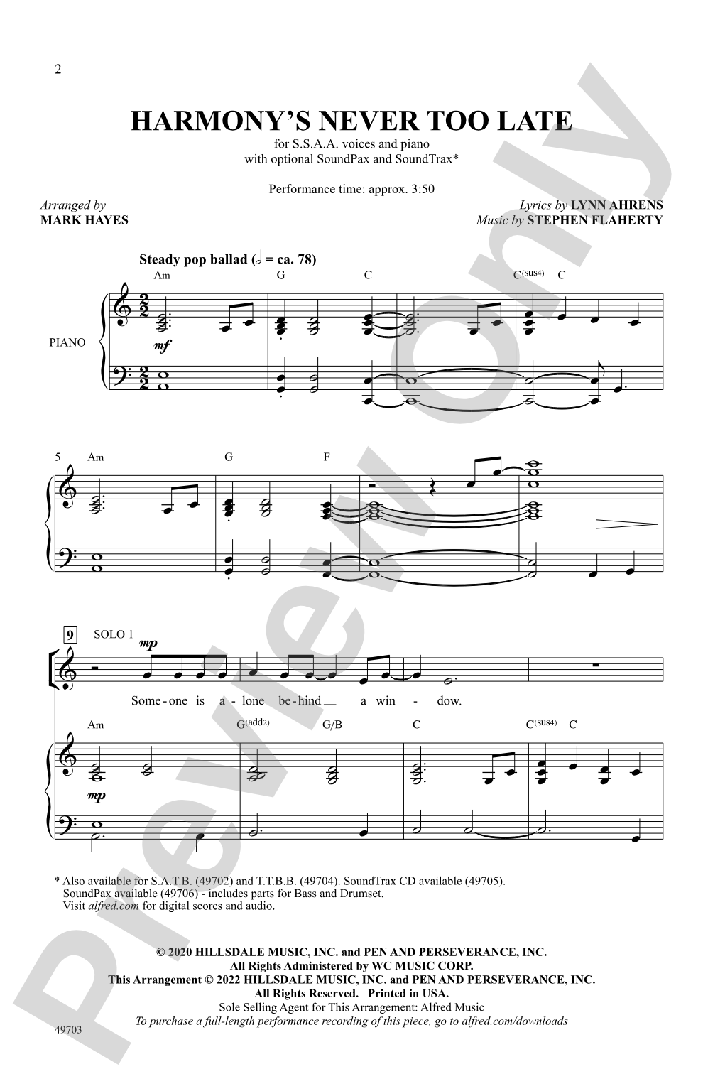 Harmony's Never Too Late: SSAA Choral Octavo