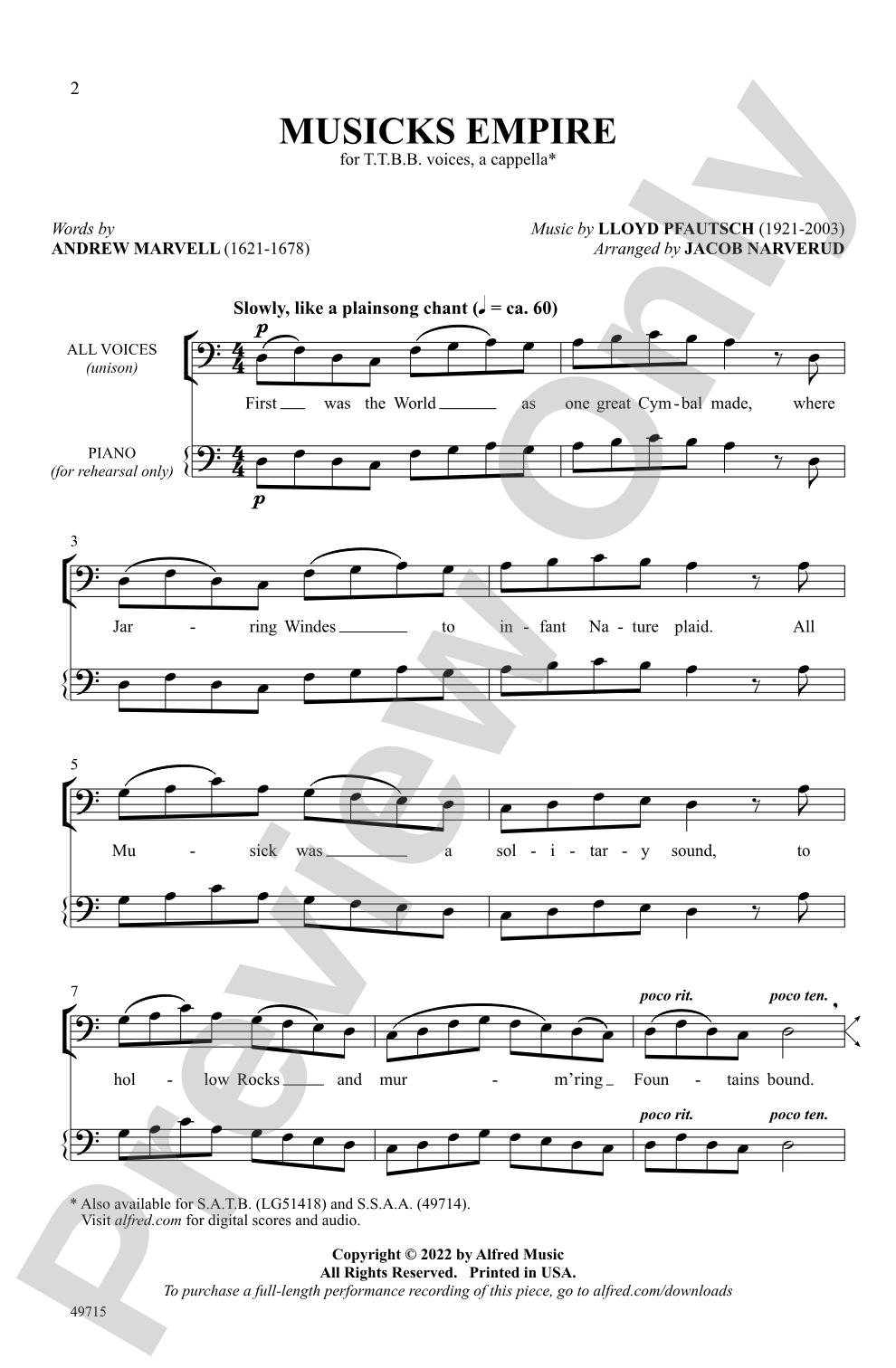 Musicks Empire: TTBB, <i>a cappella</i> Choral Octavo