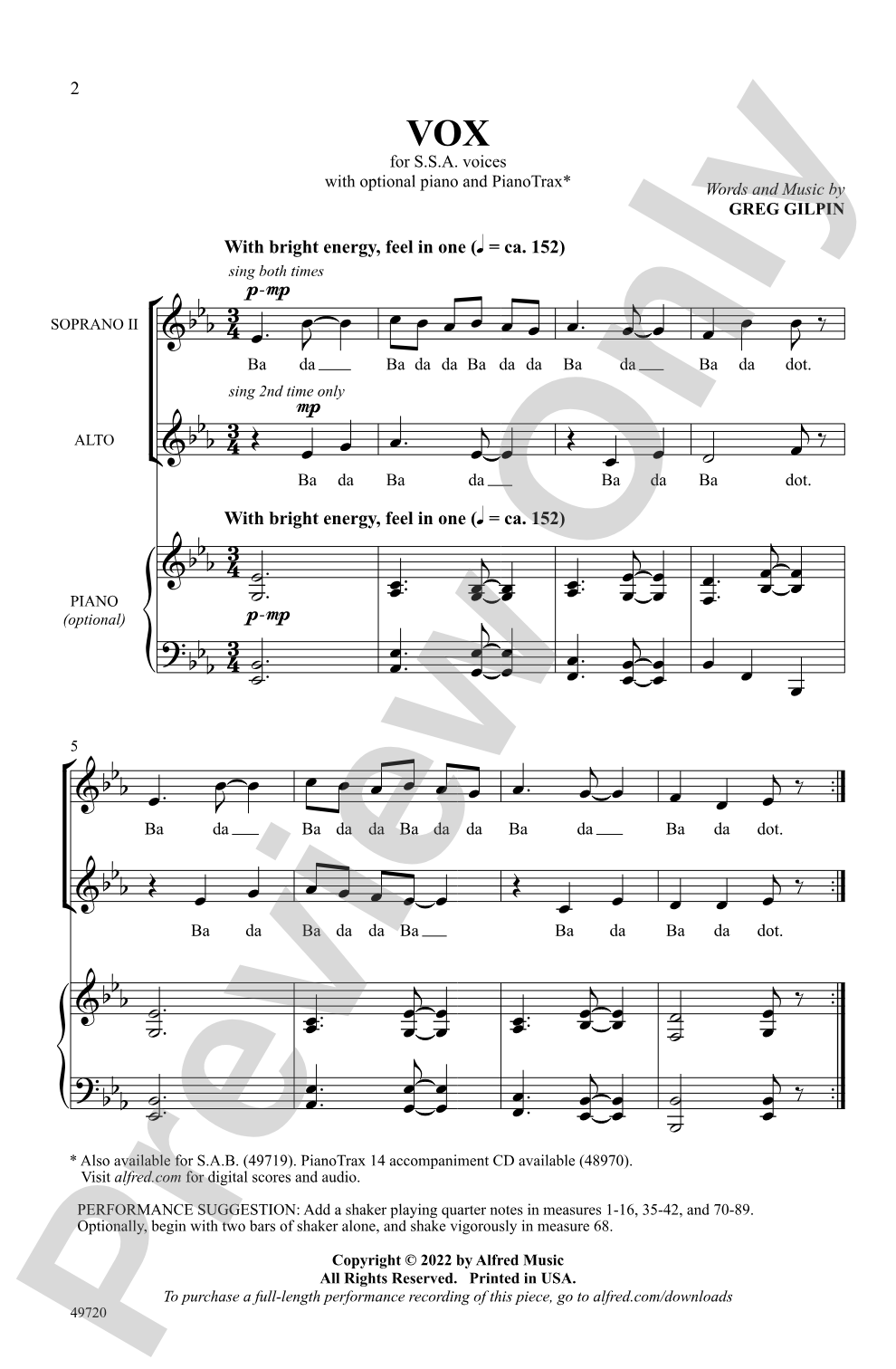Vox: SSA, <i>a cappella</i>Choral Octavo