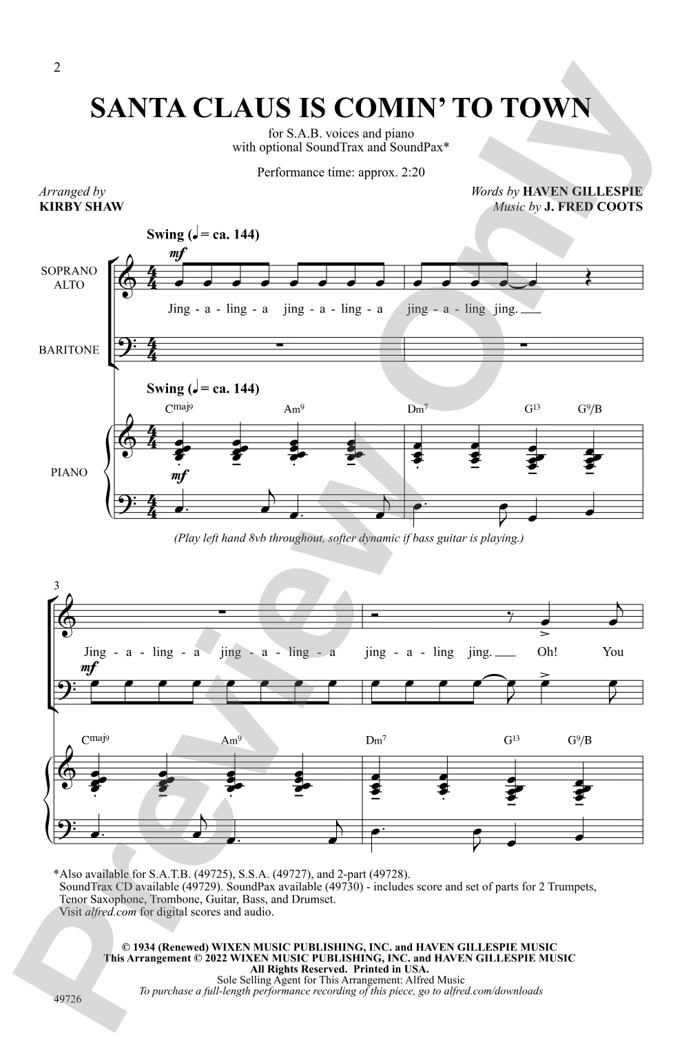 Santa Claus Is Comin' to Town: SAB Choral Octavo