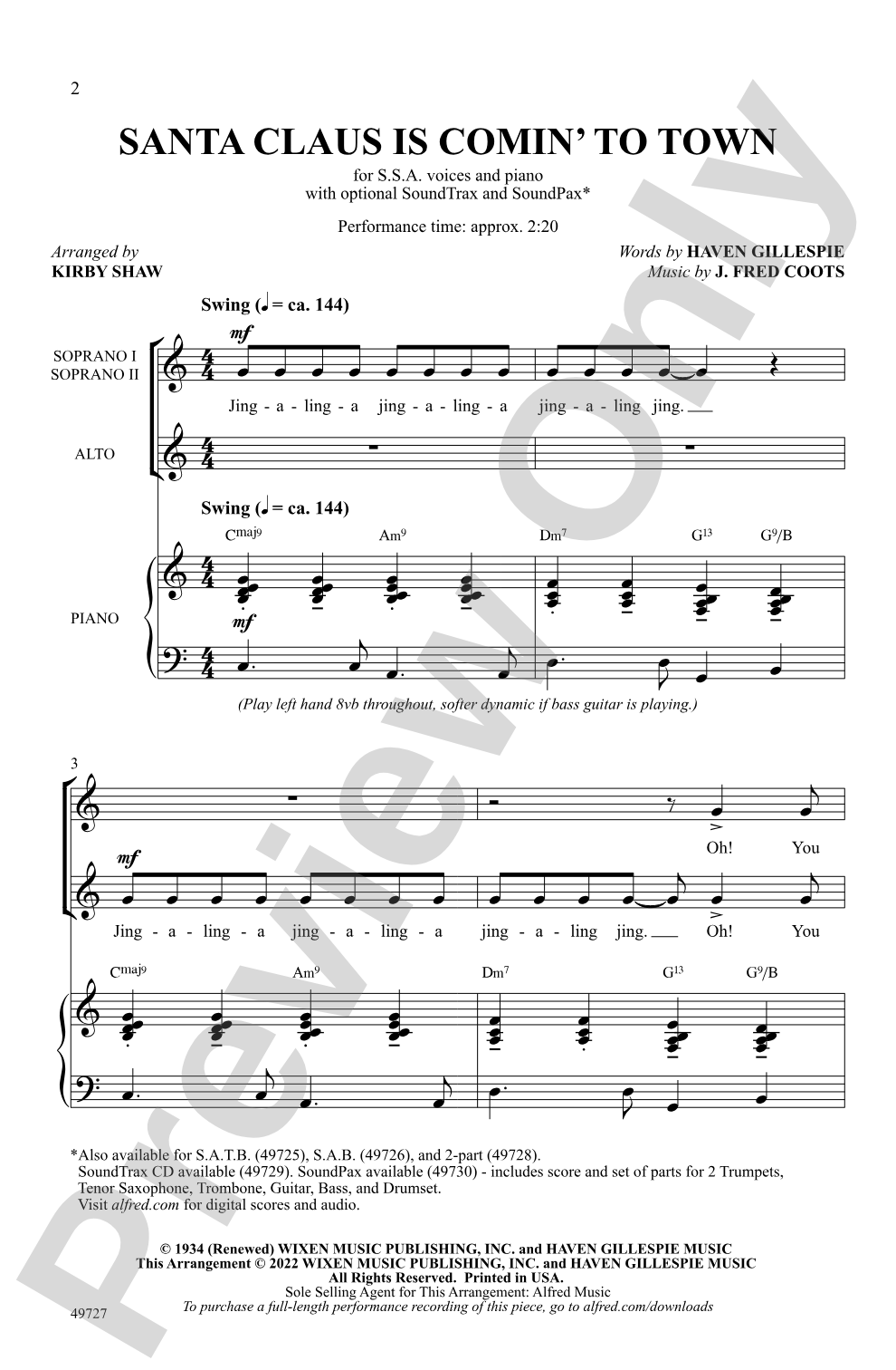 Santa Claus Is Comin' to Town: SSA Choral Octavo