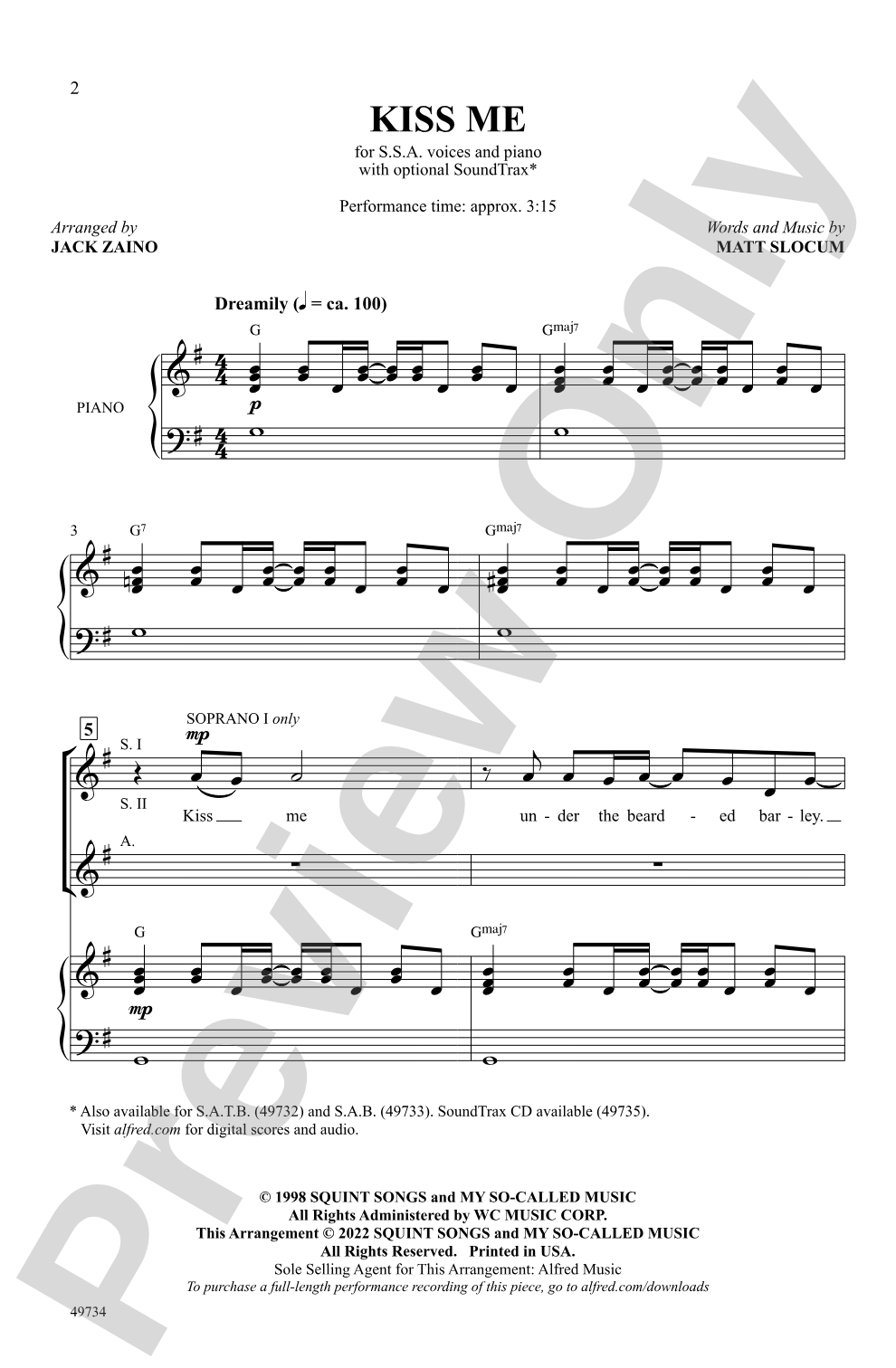 Kiss Me: SSA Choral Octavo