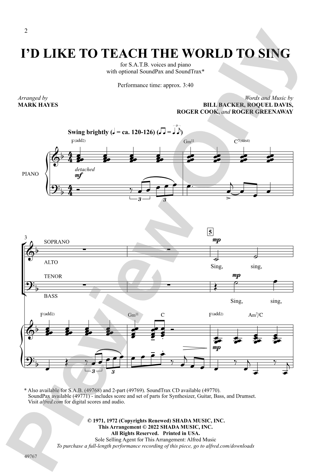 I'd Like to Teach the World to Sing: SATB Choral Octavo