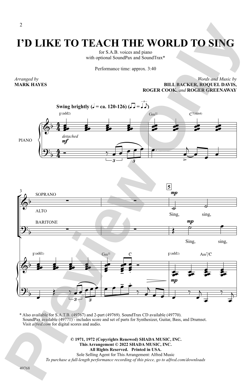 I'd Like to Teach the World to Sing: SAB Choral Octavo