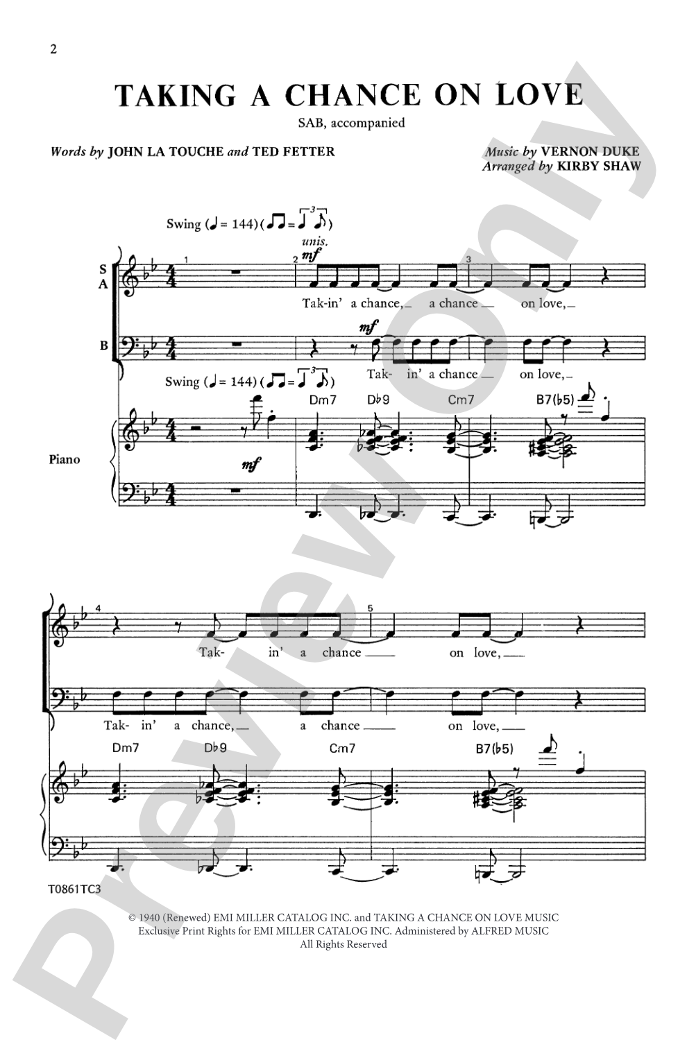 Taking a Chance on Love: SAB Choral Octavo