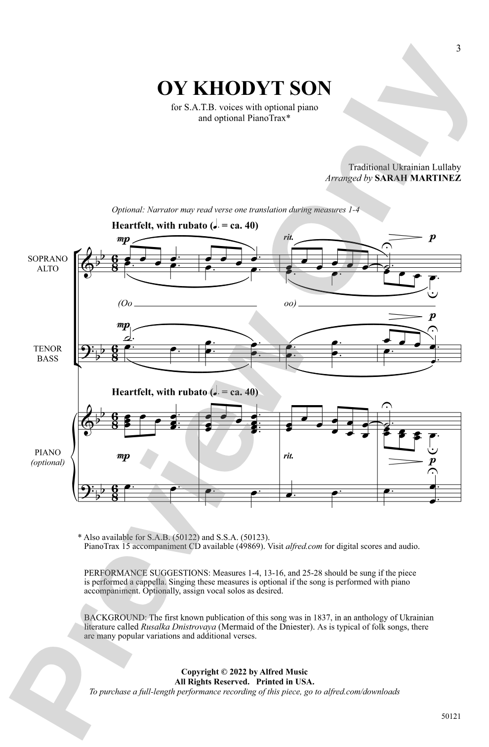 Oy Khodyt Son: SATB <i>a cappella</i> (Opt. Piano) Choral Octavo