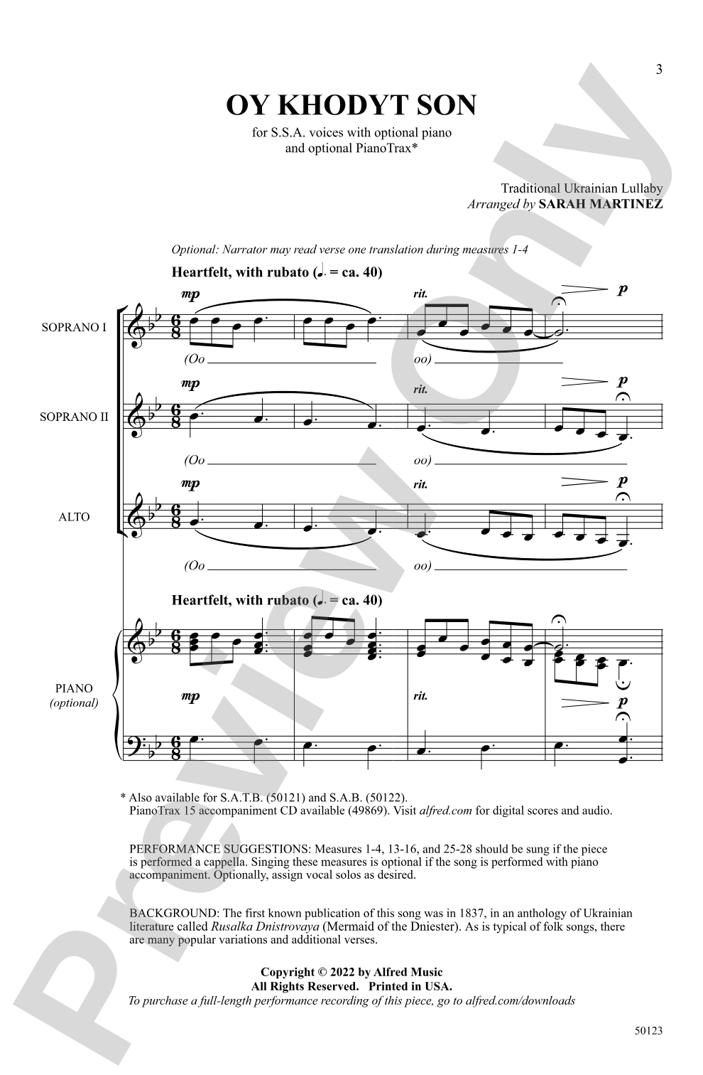 Oy Khodyt Son: SSA <i>a cappella</i> (Opt. Piano) Choral Octavo
