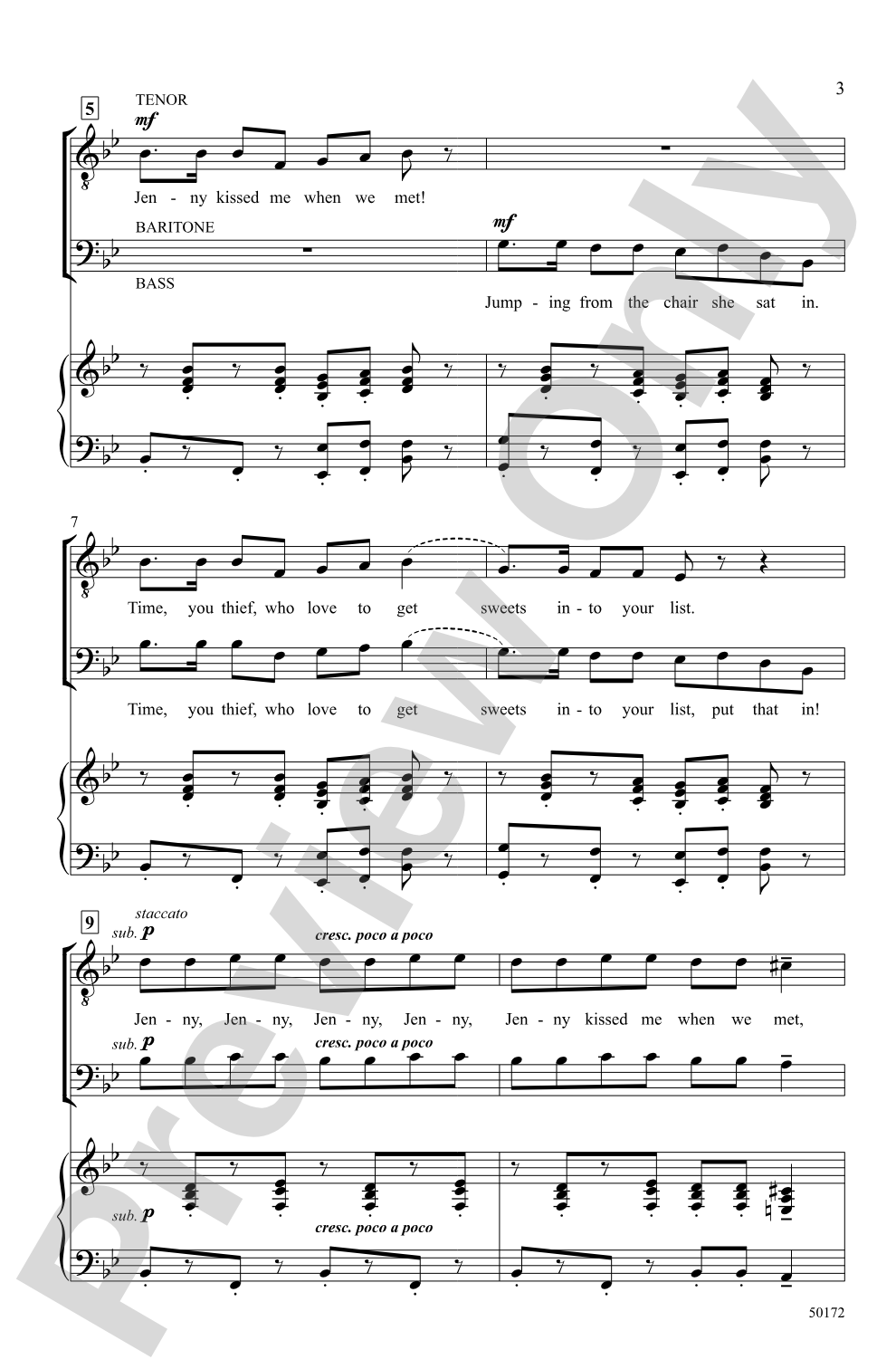 Jenny Kissed Me: TBB Choral Octavo