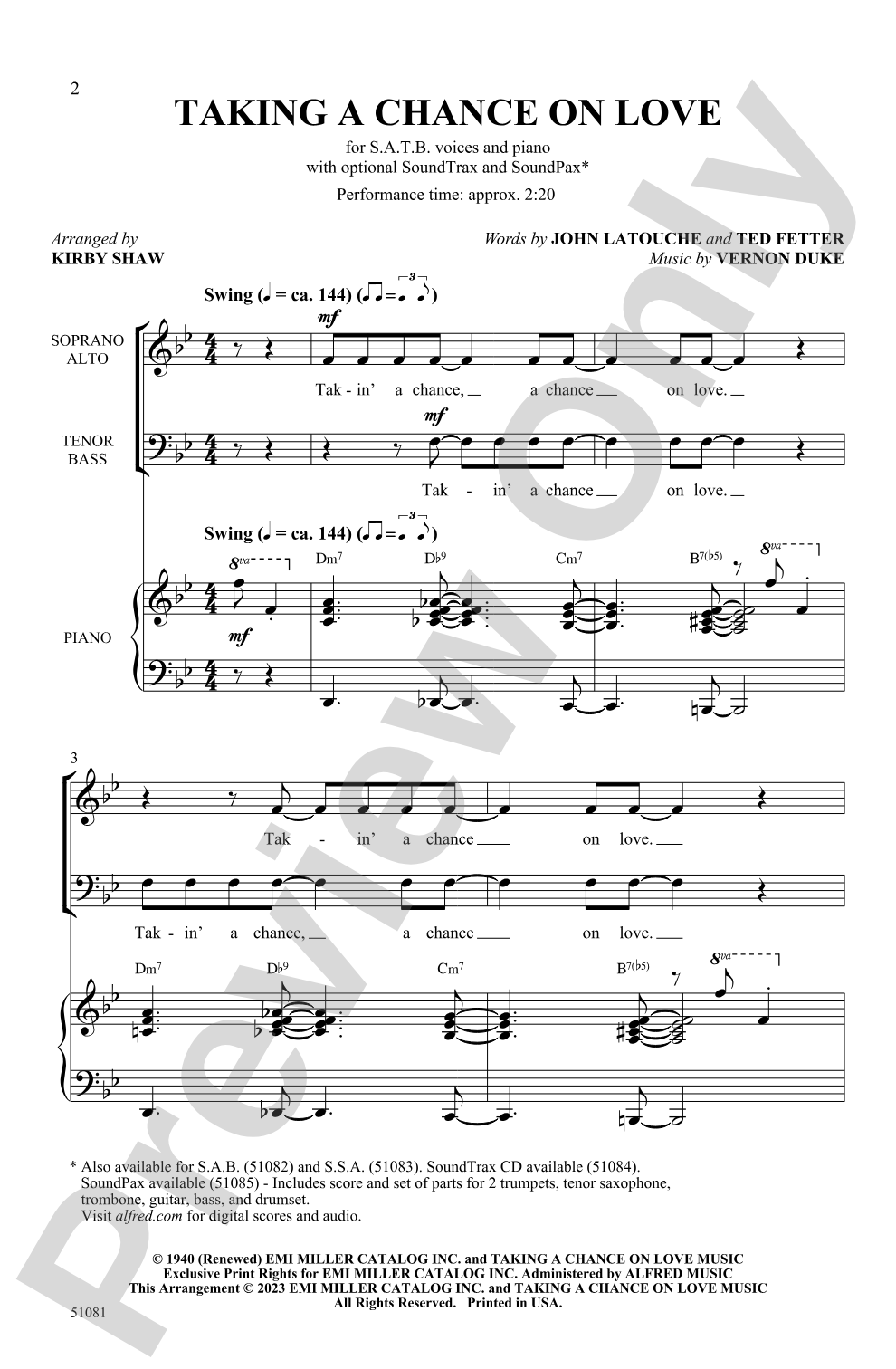 Taking a Chance on Love: SATB Choral Octavo
