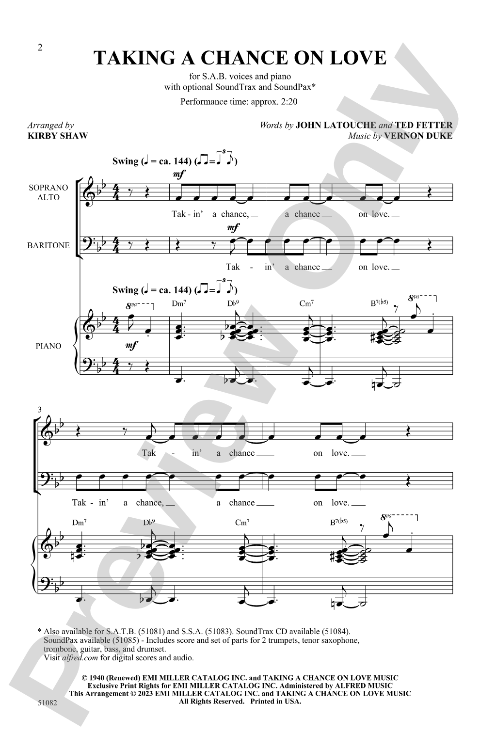 Taking a Chance on Love: SAB Choral Octavo