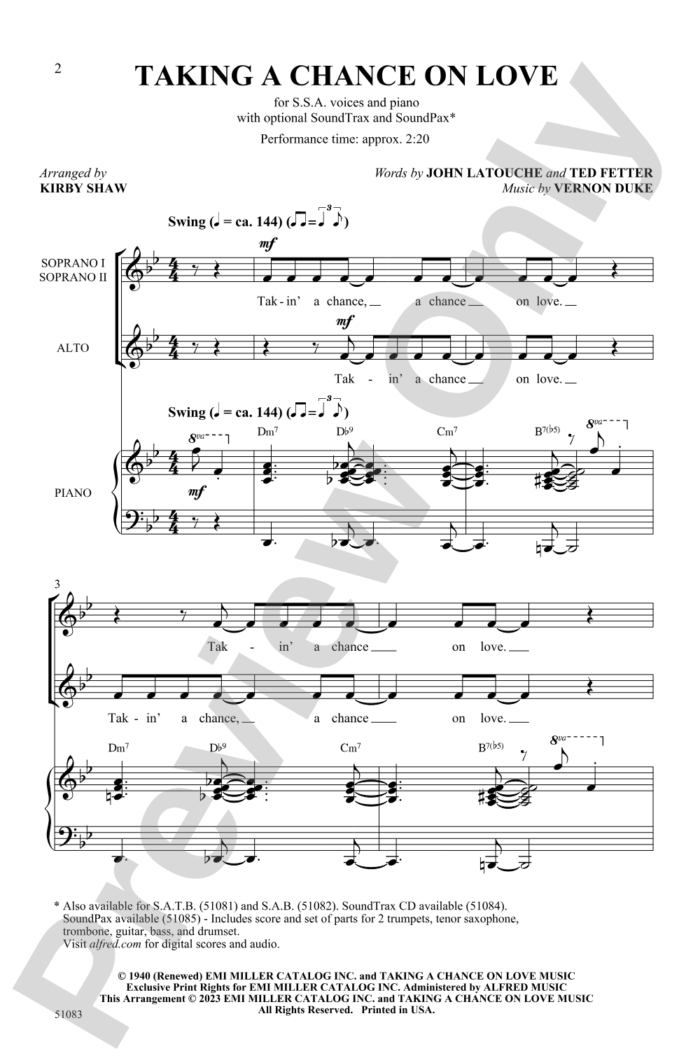 Taking a Chance on Love: SSA Choral Octavo