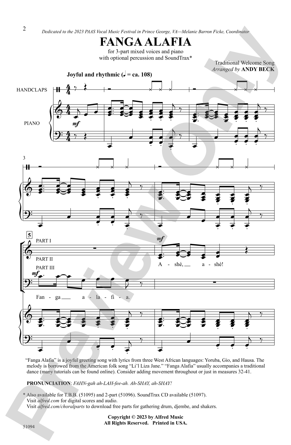 Fanga Alafia: 3-Part Mixed Choral Octavo