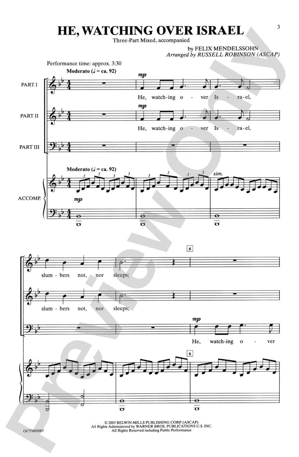 He, Watching Over Israel: 3-Part Mixed Choral Octavo