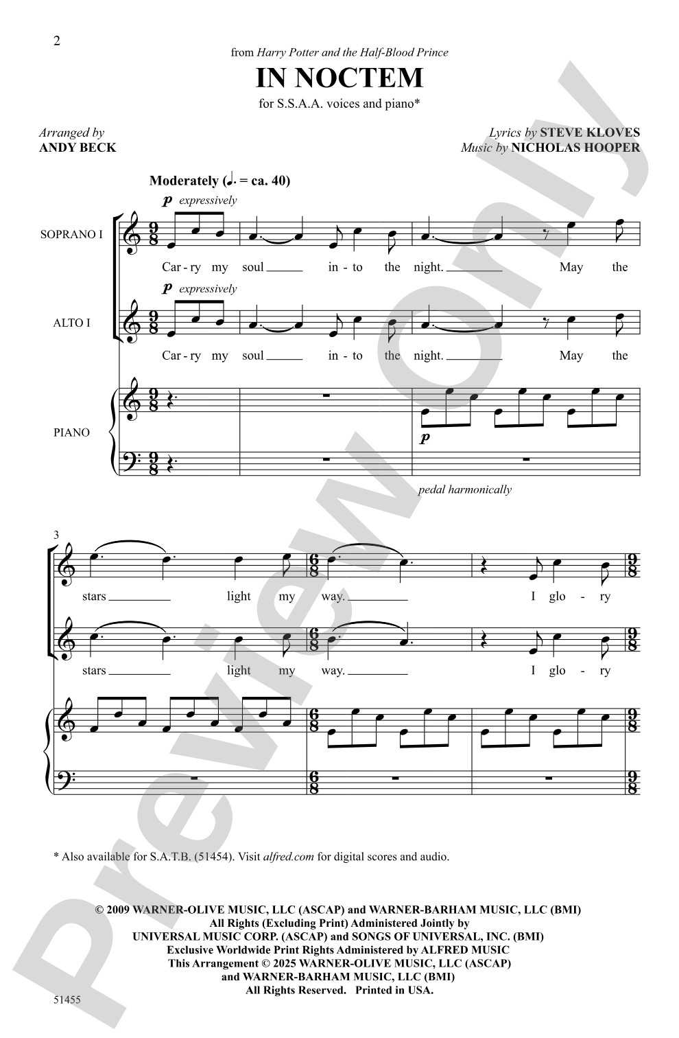 In Noctem: SSAA Choral Octavo