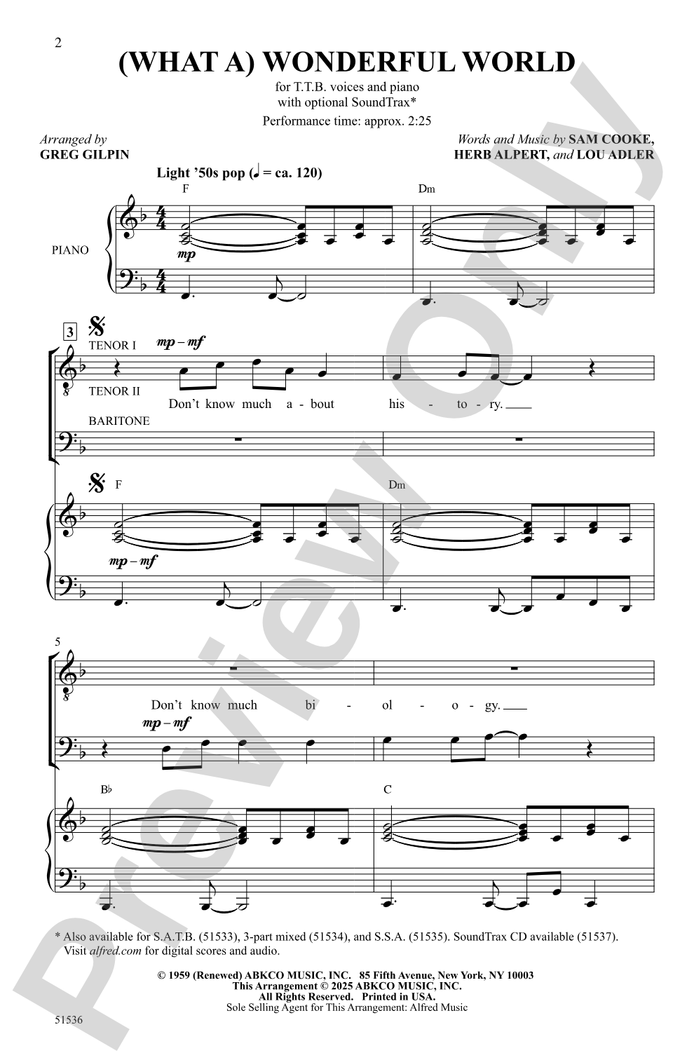 (What a) Wonderful World: TTB Choral Octavo