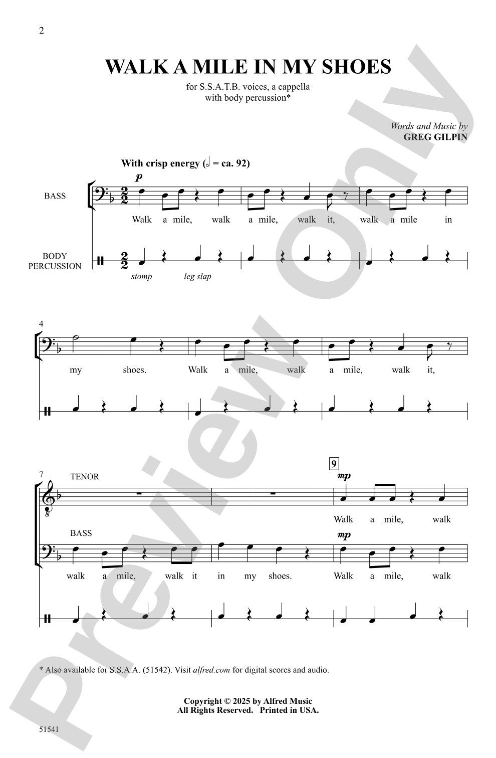 Walk a Mile in My Shoes: SSATB <i>a cappella</i> Choral Octavo