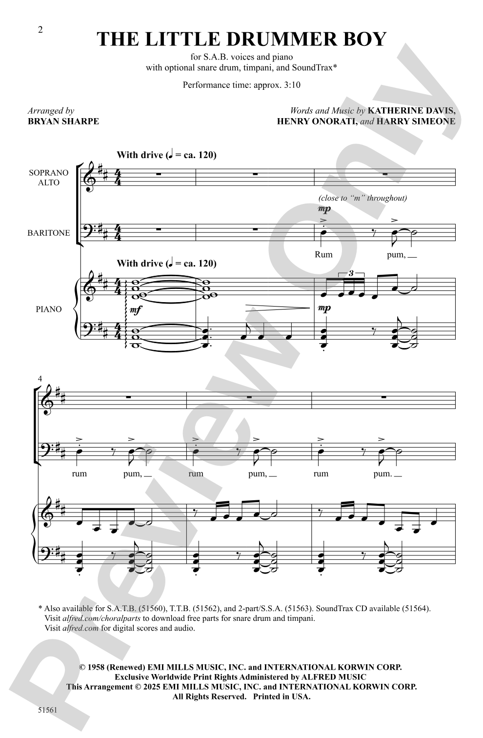 The Little Drummer Boy: SAB Choral Octavo