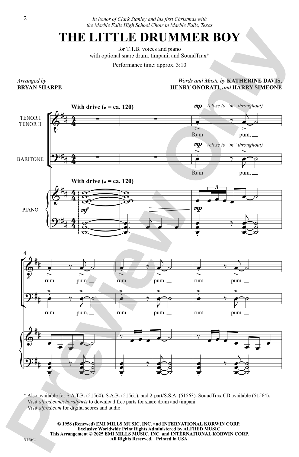 The Little Drummer Boy: TTB Choral Octavo
