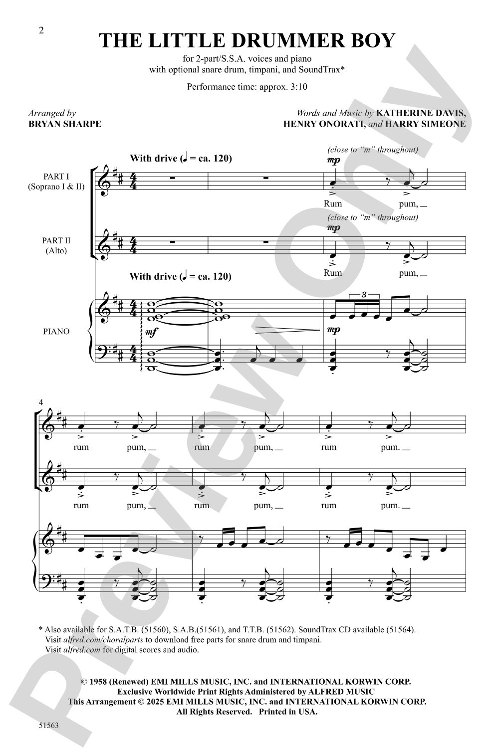 The Little Drummer Boy: 2-Part/SSA Choral Octavo