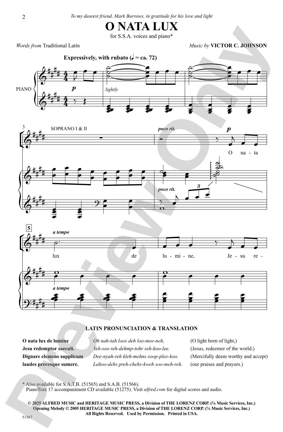 O Nata Lux: SSA Choral Octavo