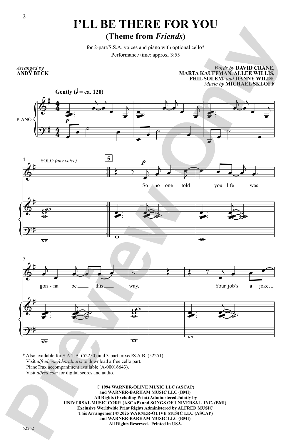 I'll Be There for You: 2-Part/SSA Choral Octavo