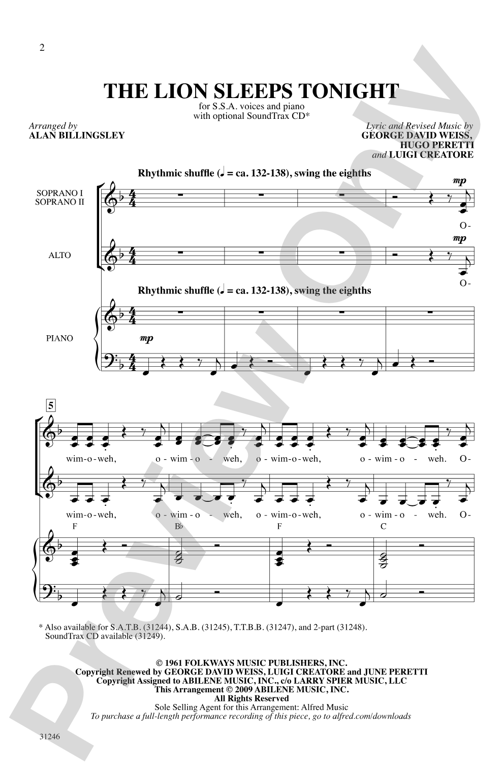 The Lion Sleeps Tonight: SSA Choral Octavo