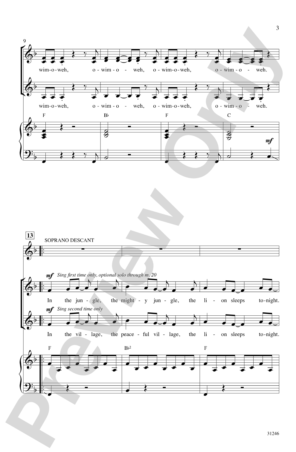The Lion Sleeps Tonight: SSA Choral Octavo