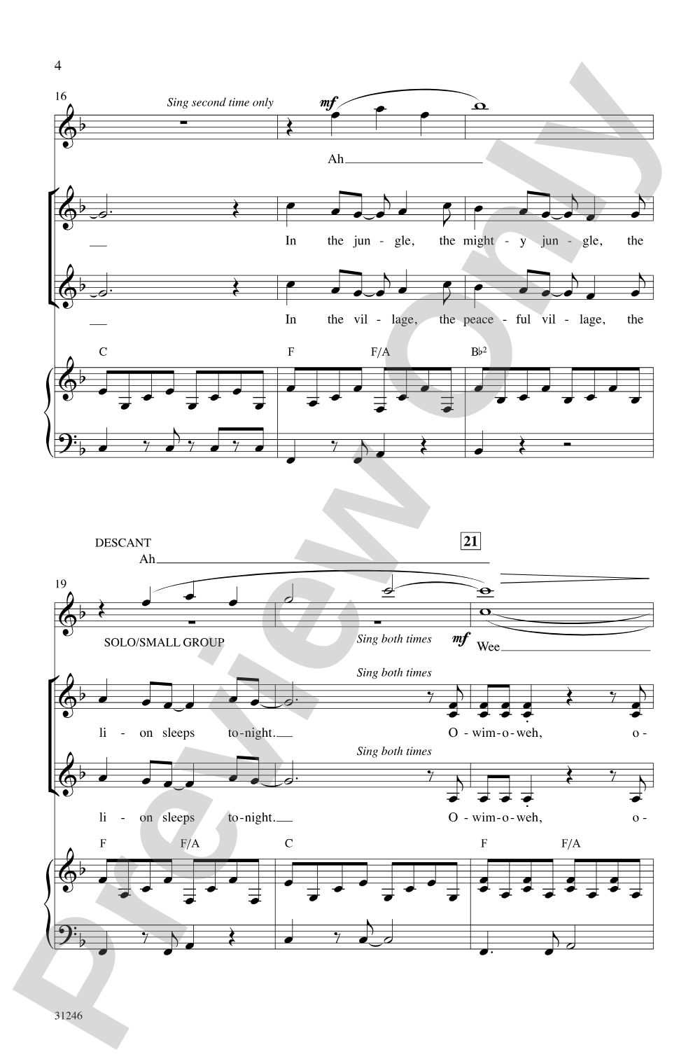The Lion Sleeps Tonight: SSA Choral Octavo