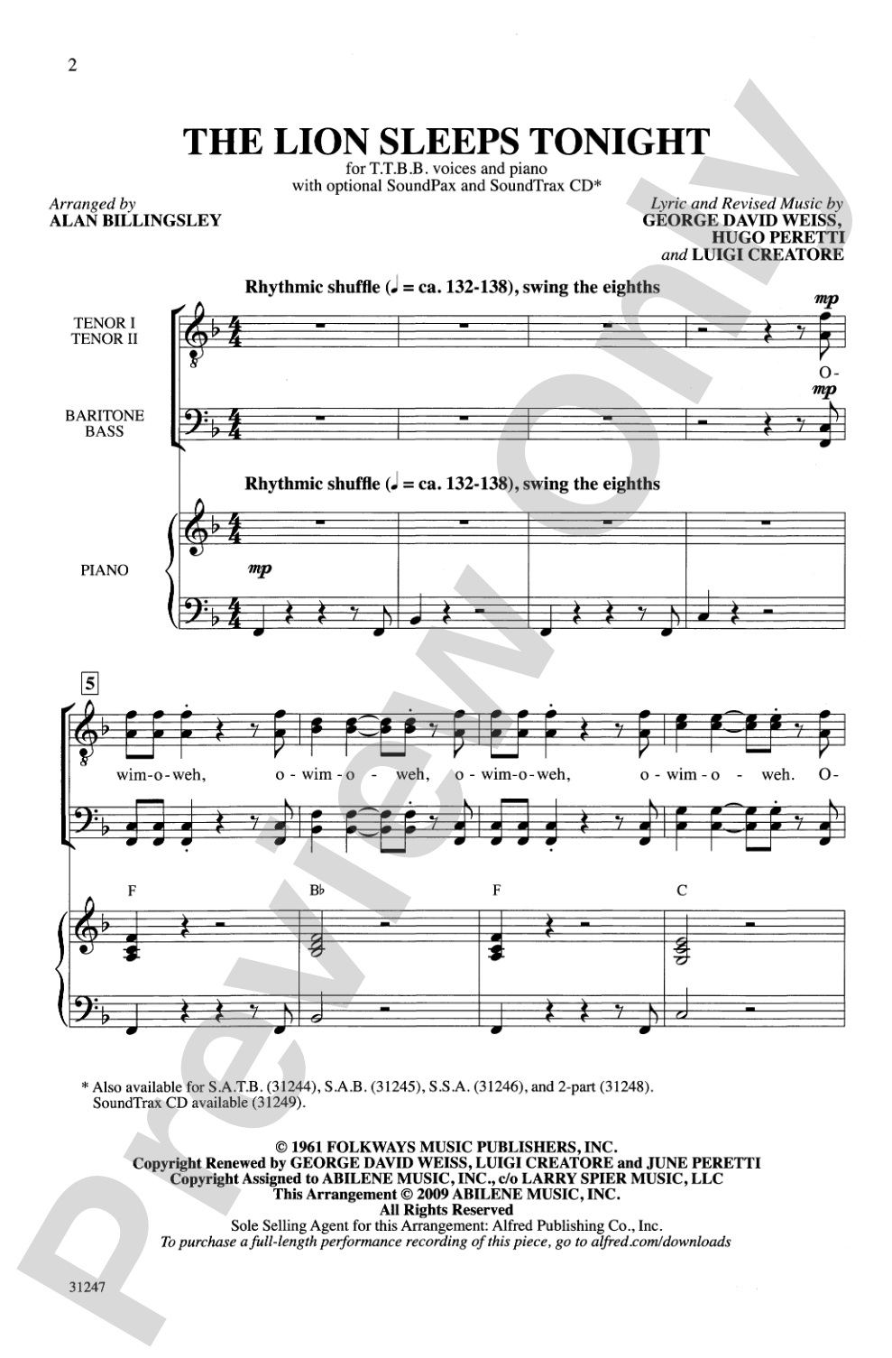 The Lion Sleeps Tonight: TTBB Choral Octavo
