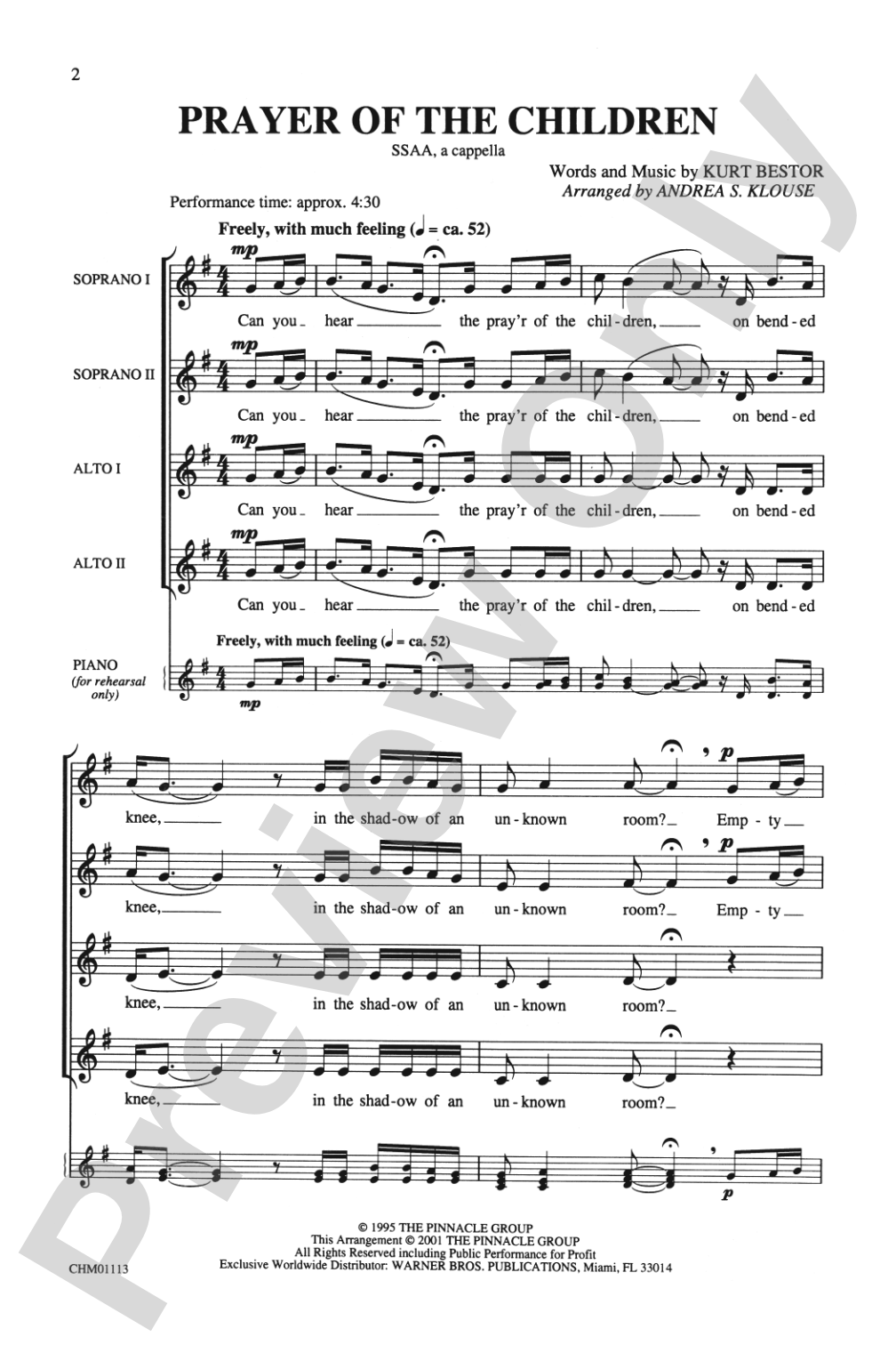 Prayer of the Children: SSAA, <I>a cappella</I> Choral Octavo