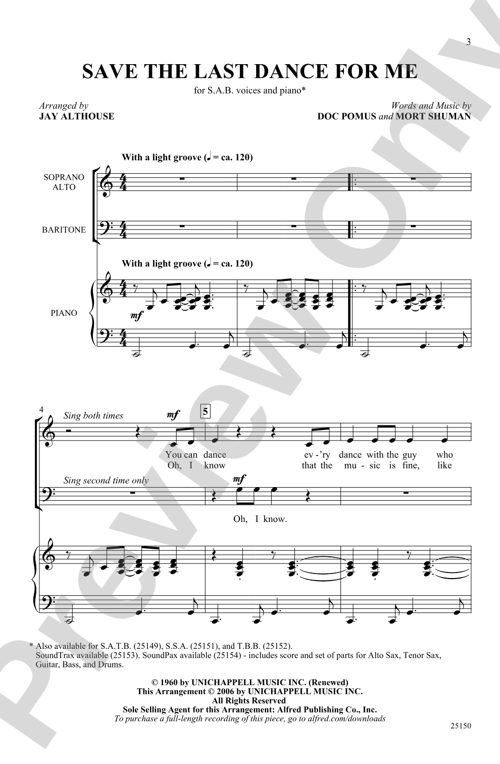Save the Last Dance for Me: SAB Choral Octavo
