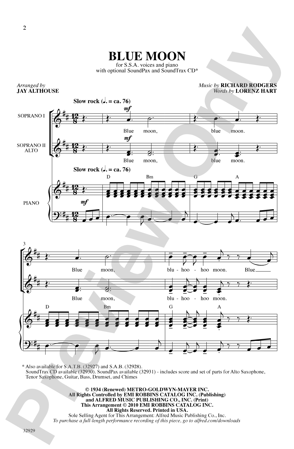 Blue Moon: SSA Choral Octavo