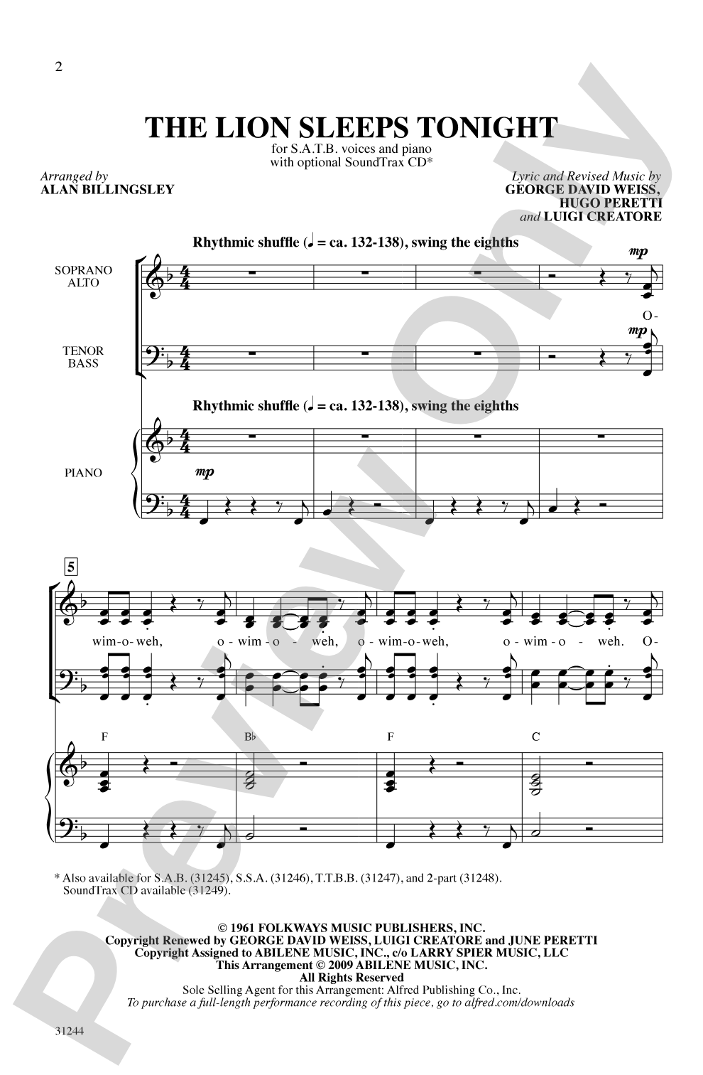 The Lion Sleeps Tonight: SATB Choral Octavo
