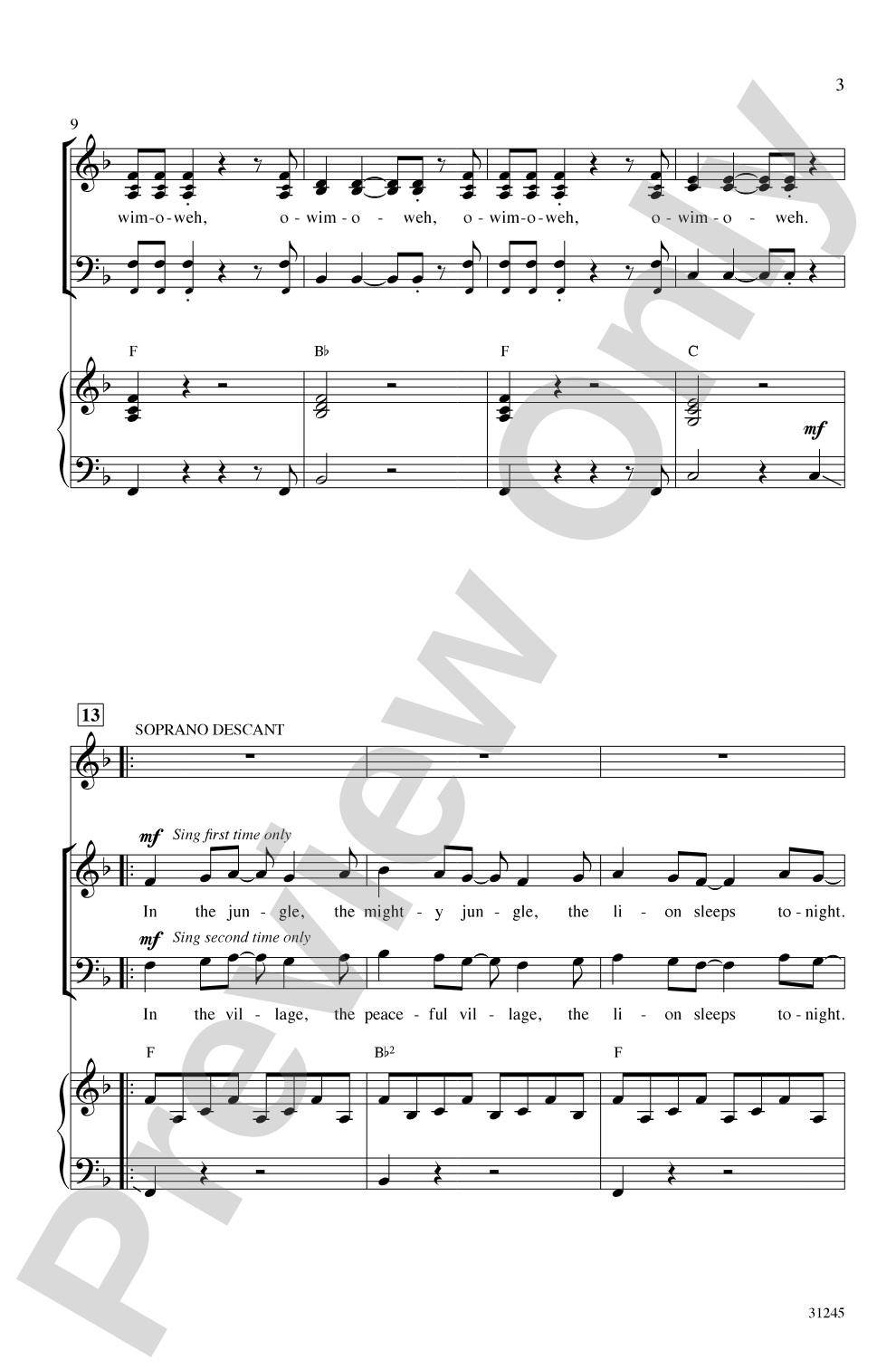 The Lion Sleeps Tonight: SAB Choral Octavo