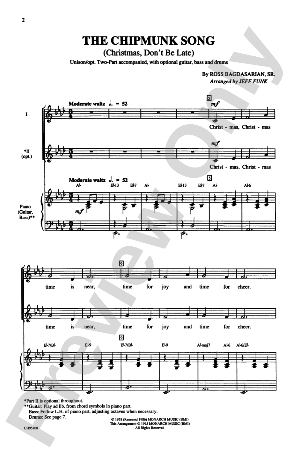 The Chipmunk Song (Christmas Don't Be Late): Unison / Opt. 2-Part Choral Octavo