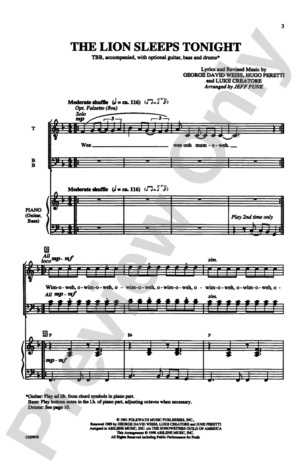 The Lion Sleeps Tonight: TBB Choral Octavo