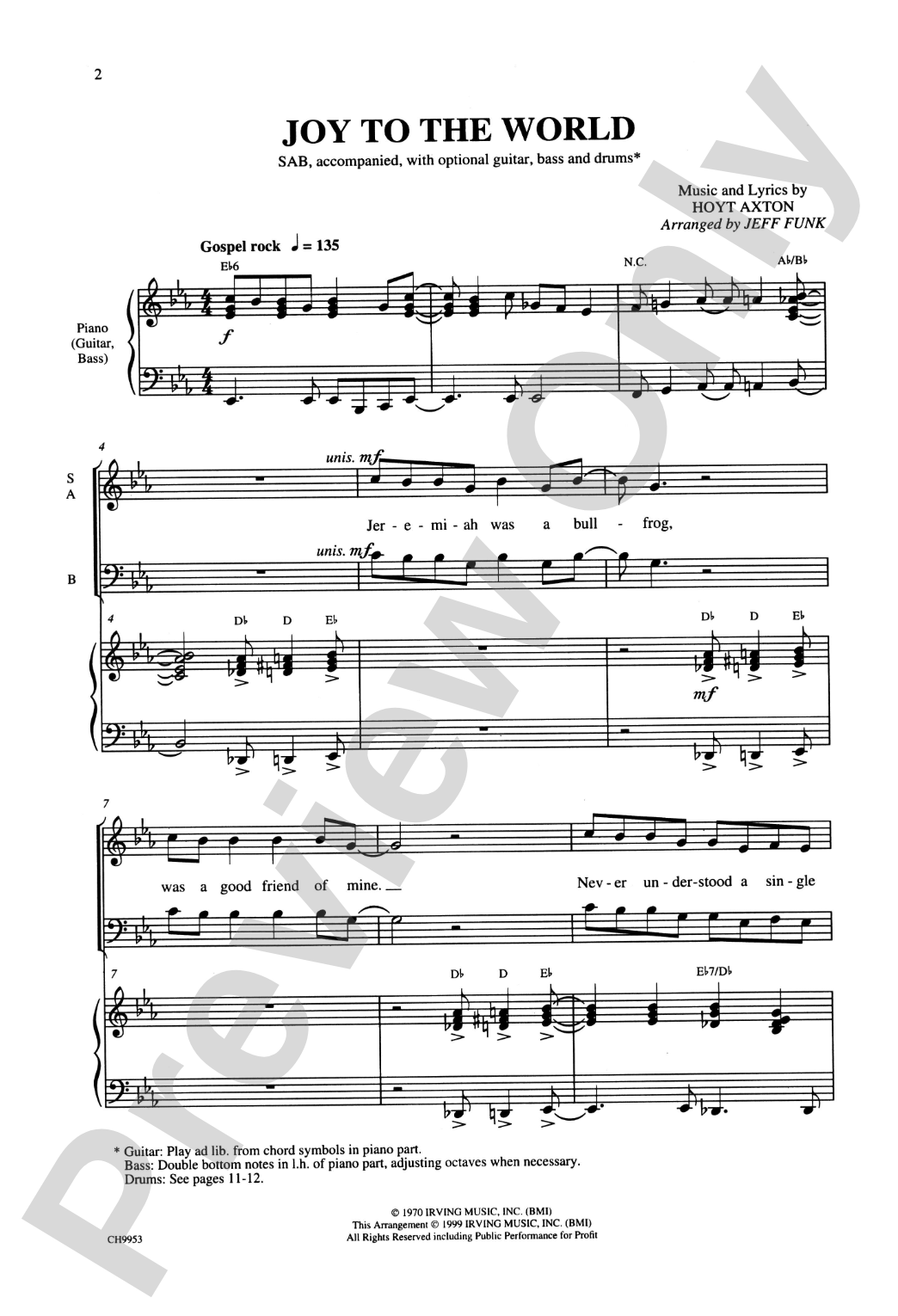 Joy to the World (Jeremiah Was a Bullfrog): SAB Choral Octavo
