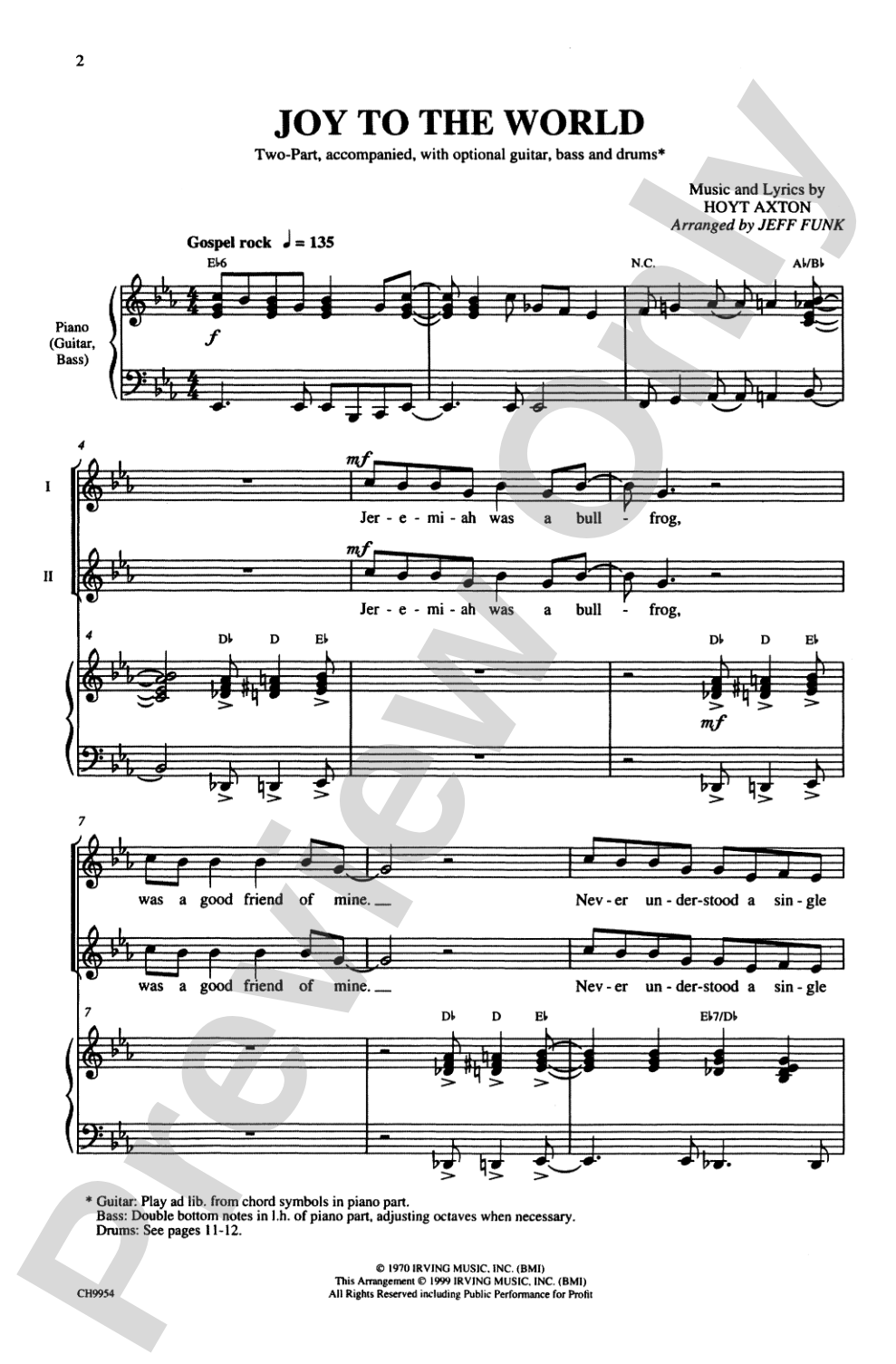 Joy to the World (Jeremiah Was a Bullfrog): 2-Part Choral Octavo